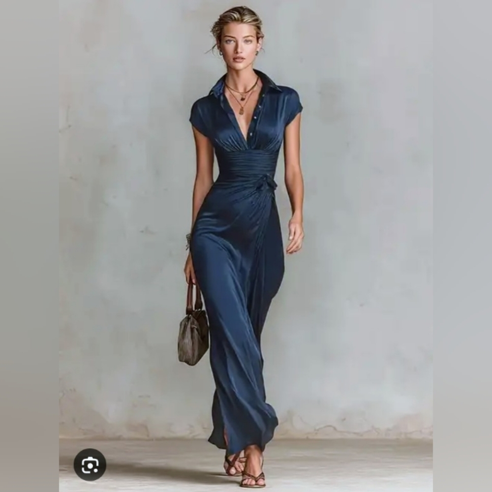 Satin Ruched Navy Blue Wrap Maxi Dress Women